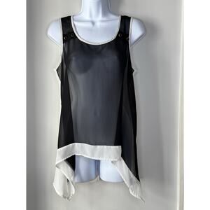 Muse Womens Sheer Top S Black White Menswear Asymmetrical‎ Hem Corporate Goth
